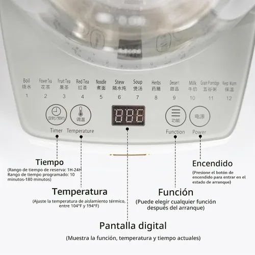 Vista 6 de Olla de salud, oficina, hogar, hervidor eléctrico con infusor, control de temperatura, 12 procedimientos funcionales para frutas, té y café