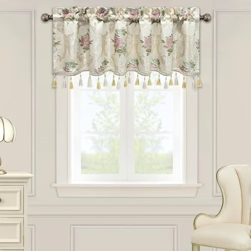 Vista 9 de Loom and Mill Cenefas de jacquard de lujo para ventana de sala de estar, elegante cenefa de cortina de damasco beige con ribete de cuentas, cortina