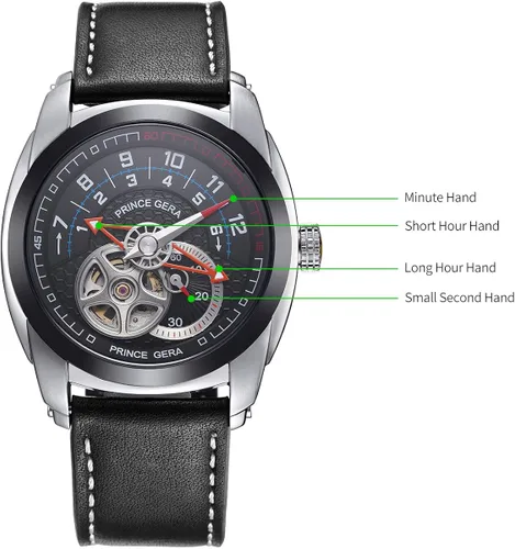 Vista 7 de Prince Gera Hombre piel automática relojes Negro de Brown Única Esqueleto impermeable reloj Casual lumious