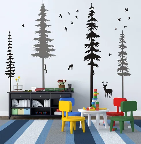 Vista 9 de Calcomanías de pared de pino, calcomanías de vinilo de bosque con calcomanías de pared de animales, ardillas y ciervos, decoración de guardería Negro