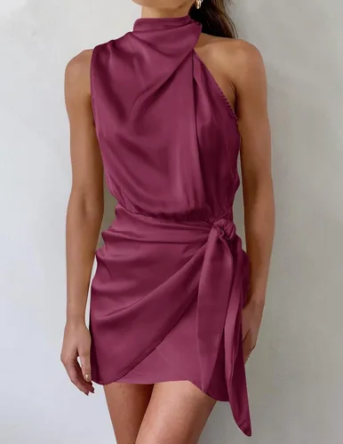 Vista 7 de ZESICA Women's 2024 Fashion Satin Sleeveless Halter Neck Tie Waist Wrap Bodycon Cocktail Party Mini Dress