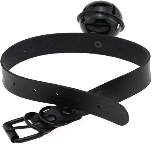 Vista 3 de FM FM42 Gargantilla de piel sintética multicolor en tono negro y plateado de 1.6in con colgante de campana grande, Cuero sintético, No es una piedra