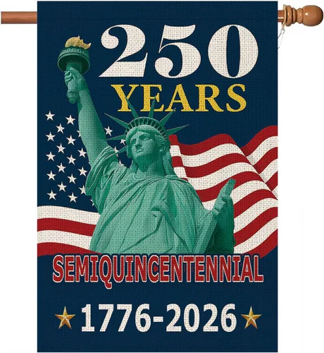 Vista 9 de Bandera de jardín de 250 años de América, pancarta patriótica de doble cara del 250 aniversario de Estados Unidos, diseño de estatua de la libertad