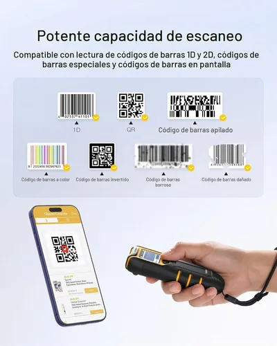 Vista 5 de Inateck Escáner de Código de Barras Inalámbrico, Escáner de Código de Barras Bluetooth Portátil con Pantalla, Escáner de Código de Barras 1D 2D QR