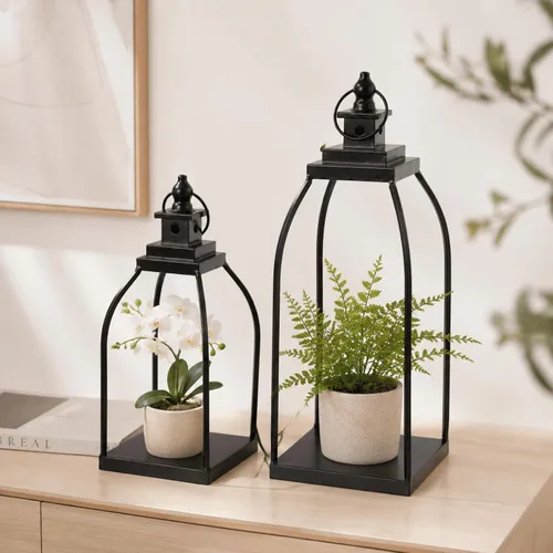 Vista 4 de DARJEN Farol Moderno de Granja para Decoración de Exteriores e Interiores - Faroles de Vela de Metal Negro de 15'' 12'' para Navidad, Faroles
