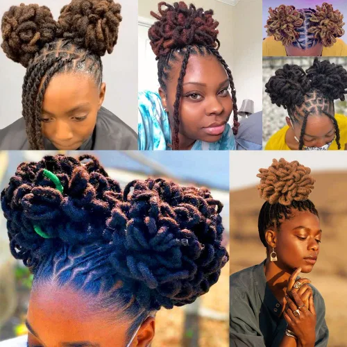 Vista 7 de Moños de Cola de Caballo con Cordón Negro Marrón Loc para Mujeres Negras Moño Rizado de Pétalo Loc Cola de Caballo de Rastas Trenzas Faux Locs Moño