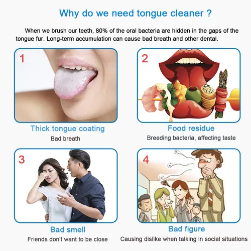 Vista 2 de Nueva versión limpiador raspador de lengua para adultos y niños, juego de cepillos de lengua de metal de grado médico para aliento fresco dental