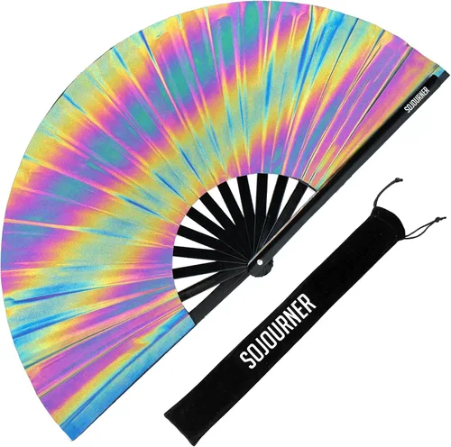 Vista 14 de SoJourner Bags Rave Fan – Abanico plegable grande – Abanico de mano Clack para raves, Halloween, Burlesque, atuendos arcoíris para mujeres
