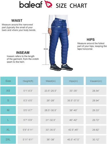 Vista 6 de BALEAF Pantalones de plumón para mujer, ultraligeros, resistentes al agua, para esquí, nieve, pantalones acolchados y abrigados