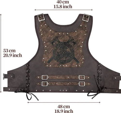 Vista 5 de HiiFeuer Armadura de pecho de guerrero vikingo con brazalete vikingo Fenrir y bolsa medieval con cordón, juego de guerrero de piel sintética retro