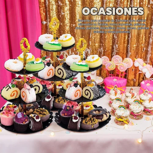 Vista 7 de Honeydak - Soporte para servir cupcakes de 3 niveles, 3 unidades, color Soporte para cupcakes de boda, postre de plástico, juego de mesa de dulces