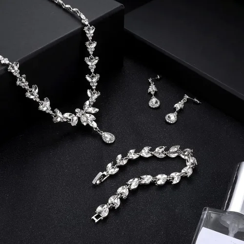 Vista 8 de FIASASO Juego de collar y aretes colgantes para mujer, dama de honor, joyería de cristal para novia, boda, compromiso, fiesta, baile de graduación