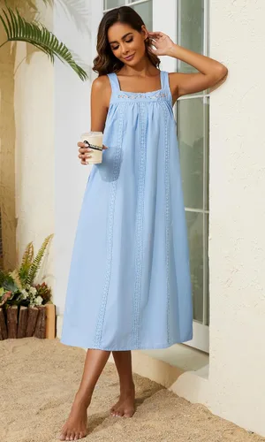 Vista 3 de YOZLY Camisones de algodón para mujer, sin mangas, bordados, con bolsillos, S-XXL