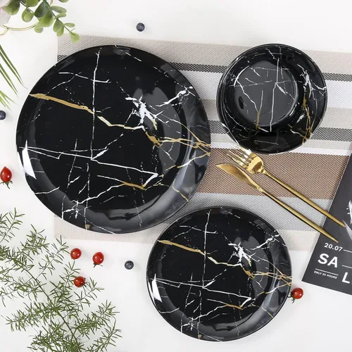 Vista 4 de Juego de vajilla de melamina – 12 piezas de platos y cuencos, ideal para fiestas en interiores y exteriores, sin BPA, apto para lavavajillas