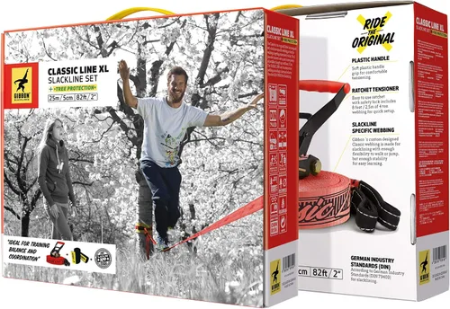 Vista 4 de GIBBON Slacklines Classicline XL con ropa para árboles, rojo, 82 pies (línea de 74 pies + correa de trinquete de 8 pies con lazo reforzado) incl.