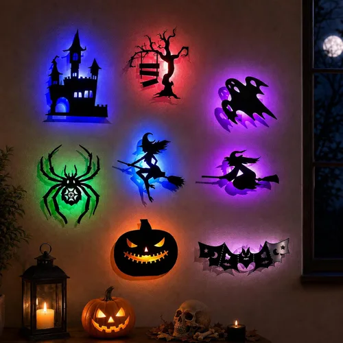 Vista 7 de 16 luces LED de pared de Halloween, decoraciones de silueta de murciélago 16pcs