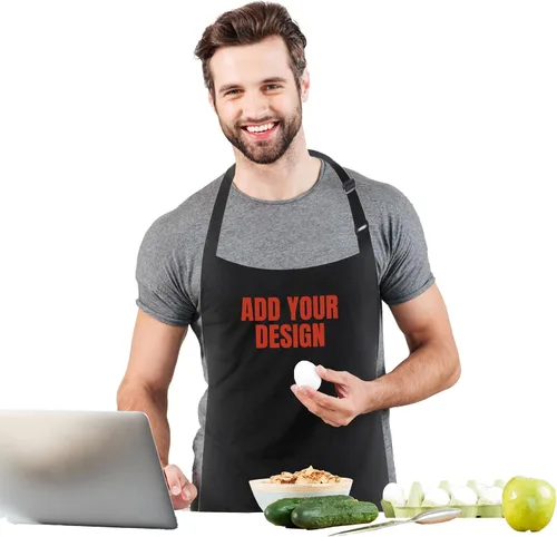 Vista 2 de Delantal con babero ajustable personalizado – Delantales de cocina personalizados con 2 bolsillos para mujeres y hombres – Añade tu nombre