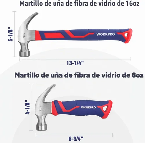 Vista 2 de WORKPRO Juego de martillos de garra de 2 piezas, 8 oz Mini Compacto y 16 oz de Fibra de Vidrio de Uso General, mango antideslizante suave y cabezal