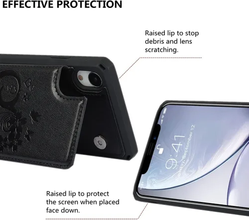 Vista 4 de iCoverCase Funda compatible con iPhone XR con tarjetero para mujer, con bloqueo RFID en relieve, de piel sintética, con correa de muñeca