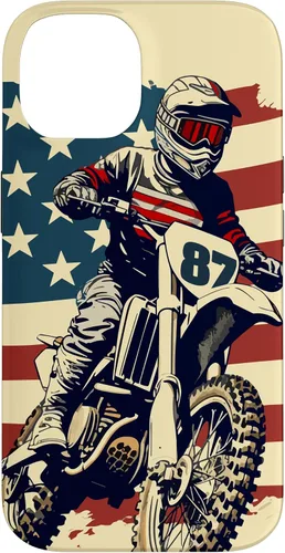 Vista 4 de Funda vintage para iPhone 16 Motocross Rider Dirt Bike con bandera estadounidense