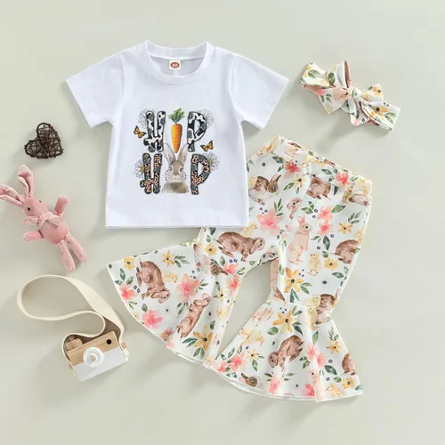 Vista 2 de MOREELUCK Conjunto de pantalones de Pascua para bebé niña, camiseta gráfica de conejo, pantalones acampanados con diadema, trajes de vacaciones