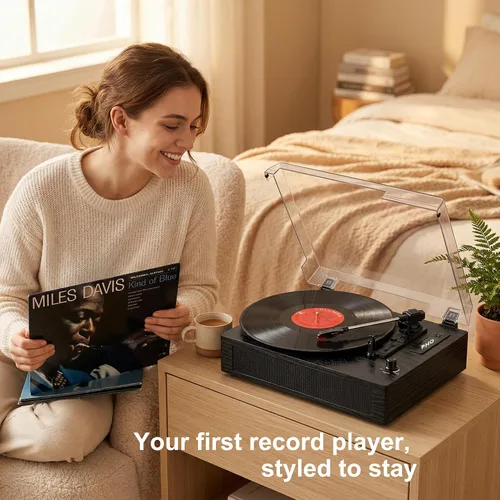 Vista 2 de Reproductor de discos de vinilo con Bluetooth, tocadiscos de 3 velocidades por correa con altavoces integrados, fácil configuración