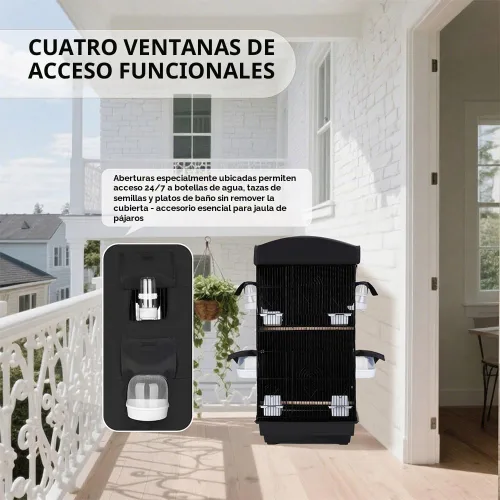 Vista 4 de Funda para jaula de pájaros para la noche - Cubierta negra para jaula de pájaros con 4 ventanas de acceso - Cubierta aislada para jaula de pájaros