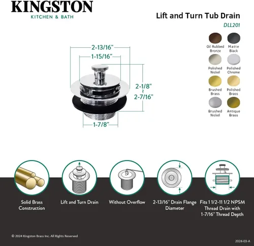 Vista 3 de Kingston Brass DLL208 Lift and Lock - Desagüe para bañera (níquel cepillado)