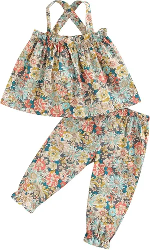 Vista 12 de Conjunto de 2 piezas de ropa con volantes y cuello halter floral para niños pequeños