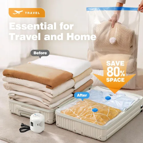 Vista 2 de Paquete de 10 bolsas de almacenamiento al vacío de viaje con bomba eléctrica, bolsas de sellado al vacío para ropa, bolsas selladoras al vacío