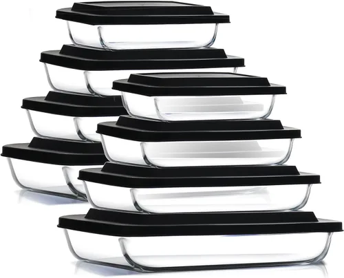 Vista 12 de EATEX Cacerola de vidrio profundo de 8 piezas para horno con tapas de plástico, platos de vidrio para horno, utensilios rectangulares para hornear