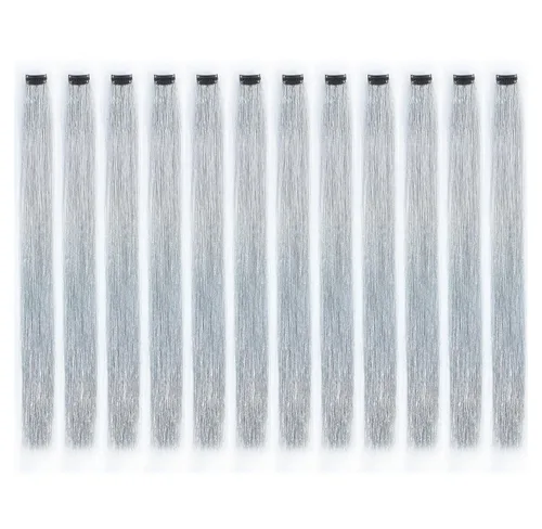 Vista 24 de SWACC 12 extensiones de cabello lacio de un color con clip, para mujer, extensiones de cabello sintético con rayas de color (rubio beige)