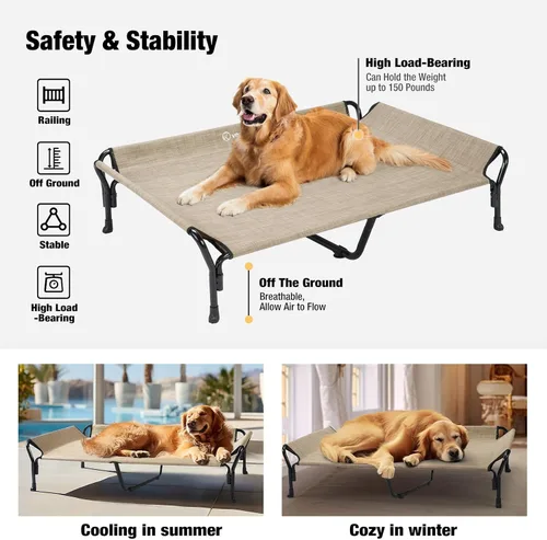 Vista 6 de Veehoo Cama elevada refrescante para perros, cuna elevada XL para mascotas con barandilla y reposacabezas inclinado, malla Teslin transpirable Negro