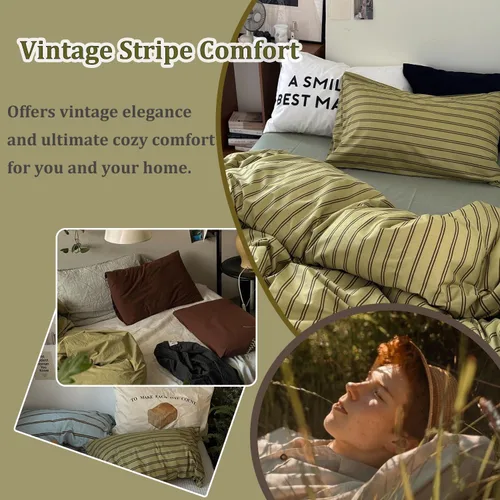 Vista 310 de mixinni Juego de funda de edredón vintage a rayas, tamaño twin, juego de ropa de cama de 3 piezas, 100% algodón lavado, suave y transpirable, funda