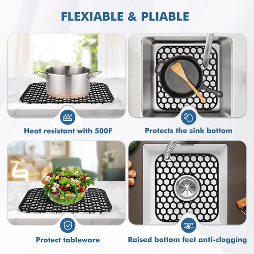 Vista 4 de Bestjing Paquete de 2 protectores de silicona para fregadero de cocina, accesorio de rejilla de cocina de 12 x 11 pulgadas, tapete antideslizante