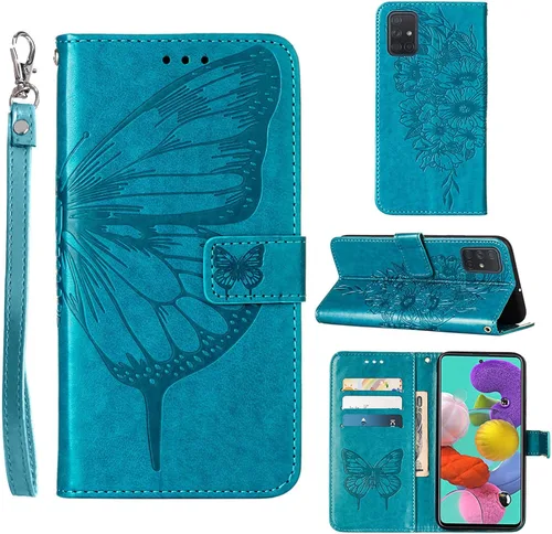 Vista 11 de para Samsung Galaxy A51 Case Wallet Flip Cover (Negro) Butterfly Floral Embossed Pattern, Wrist Strap, PU Leather, Card Holder Slots, Cash Pocket