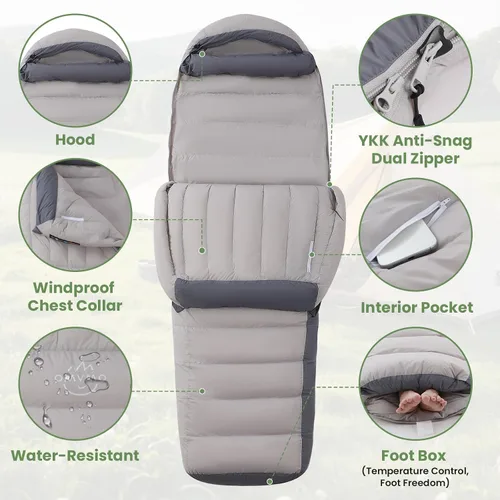 Vista 4 de Mummy Down Sleeping Bag for Adults; 0℉ 15℉ 650 Fill Power Sleeping Bag for Hiking Camping and Backpacking;4 Season;Lightweight Gris