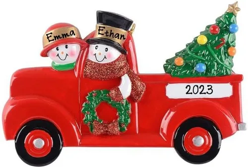 Vista 3 de Adorno de Navidad Personalizado de Familia de Pareja de Muñecos de Nieve en Camioneta Pickup Roja 2025 - Camioneta Pickup Roja Vintage con Árbol