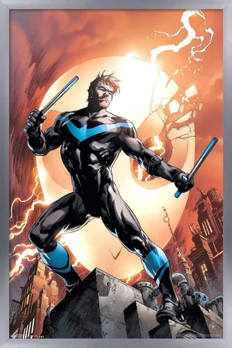 Vista 17 de Trends International DC Comics Nightwing - Póster de pared de fuego, 14.725 x 22.375 pulgadas, versión enmarcada de madera de granero