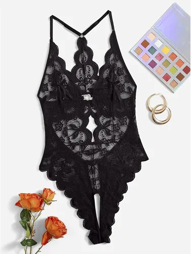 Vista 8 de Conjunto de lencería sexy sin espalda de encaje hueco con gancho y anillo sin anillos de acero para mujer