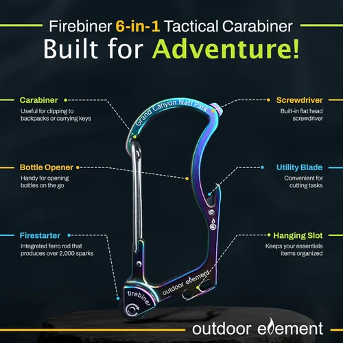 Vista 4 de Firebiner Custom Engraved 6-in-1 Fire Starter Carabiner Multitool – Survival Gear EDC Keychain with Utility Blade, Bottle Opener, Screwdriver, Gran
