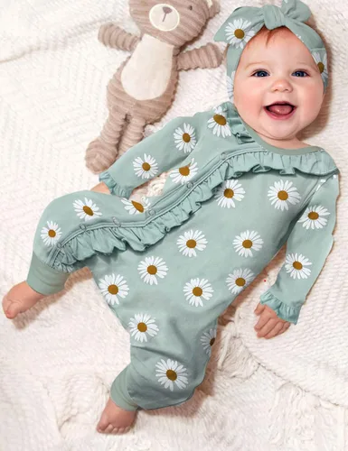 Vista 2 de Ropa de bebé recién nacida para niña, ropa de manga larga con volantes y diadema, ropa de bebé para niñas