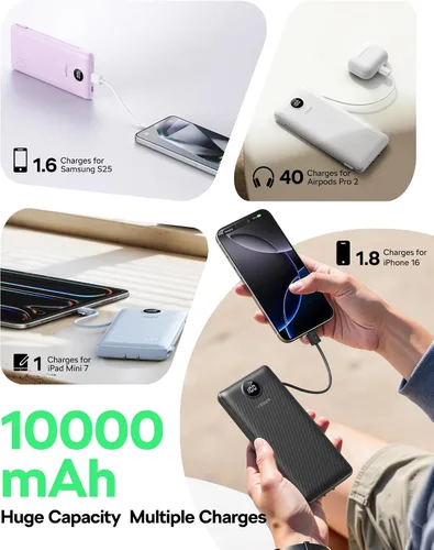 Vista 4 de VEGER Cargador portátil con enchufe de pared AC, cargador portátil delgado de 10000 mAh con cables incorporados, banco de energía USB C de 15W