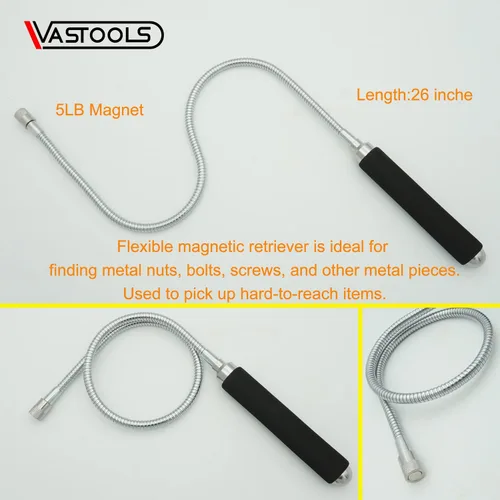 Vista 4 de VASTOOLS Herramienta de recogida magnética flexible, con imán LED, 5 libras, 10 libras, espejo acrílico de inspección flexible, herramienta