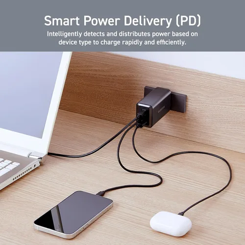Vista 10 de ELECOM Bloque de cargador de pared USB C de 120W, multipuerto de 3 puertos GaN II Smart PD, carga ultrarrápida, adaptador de corriente compacto