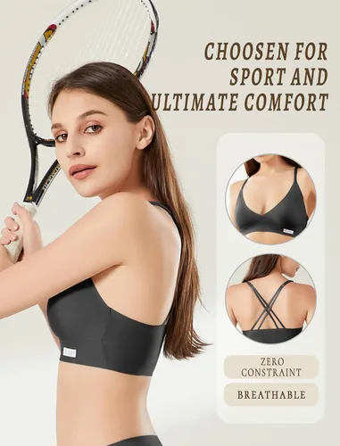 Vista 4 de Sujetadores sin varillas para mujer, brasier deportivo sin costuras, cómodo, acolchado, para entrenamiento, espalda cruzada, tallas S-XXL