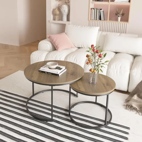 Vista 24 de Mesa auxiliar redonda pequeña, moderna mesa auxiliar anidable de madera para sala de estar, sin montaje, color beige S1-beige