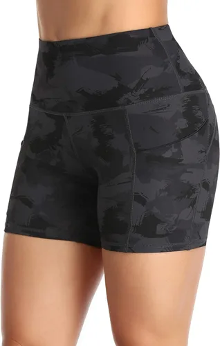 Vista 5 de Oalka Pantalones cortos de yoga para mujer, con bolsillos laterales, cintura alta, para entrenamiento, correr, deportes, 4 pulgadas