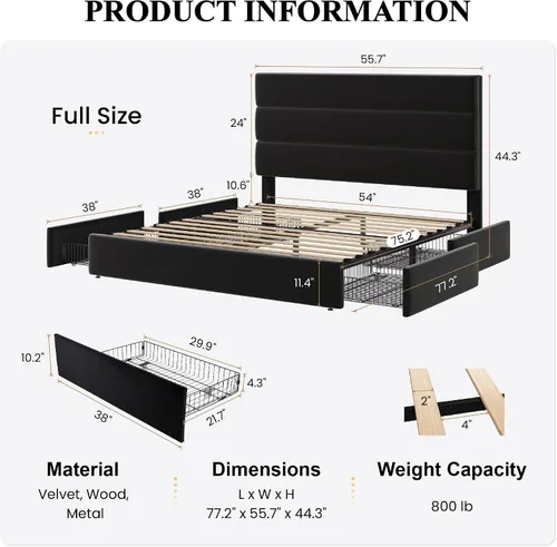 Vista 2 de SHA CERLIN Base de cama de plataforma de tamaño matrimonial con 4 cajones de almacenamiento, cabecera tapizada de terciopelo, base de colchón