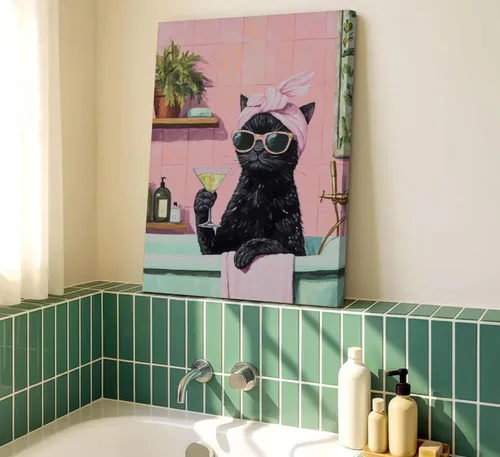 Vista 2 de Divertido lienzo de baño negro con diseño de gato negro para pared, póster de lindo gato en la bañera, pintura de animales caprichosos, imagen